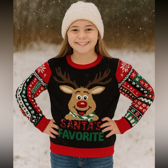 Ugly Christmas Sweater Girls XXL-19 Reindeer Santa’s Favorite Red sequi… - Picture 1 of 4
